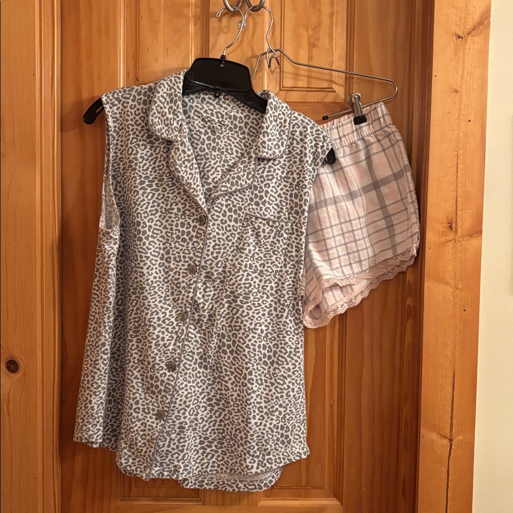Kim Rogers Gray Leopard Print Top and flannel sleep shorts